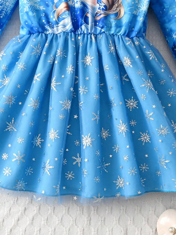 Girls Cute Cartoon Blue Snowflake Print Mesh Long Sleeve Dress, Casual Outdoor Everyday Wear