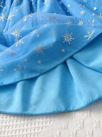 Girls Cute Cartoon Blue Snowflake Print Mesh Long Sleeve Dress, Casual Outdoor Everyday Wear