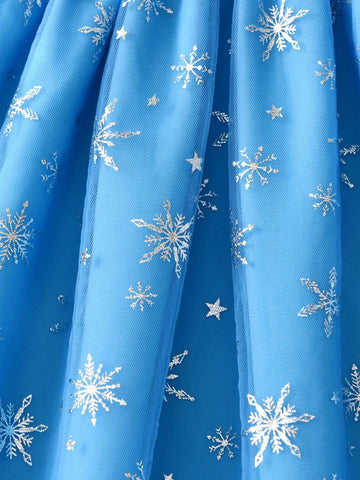 Girls Cute Cartoon Blue Snowflake Print Mesh Long Sleeve Dress, Casual Outdoor Everyday Wear
