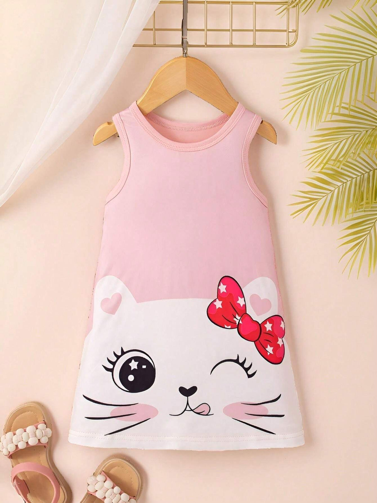 Girls' Cute Cartoon Cat Butterfly Printed Sleeveless Casual Dress