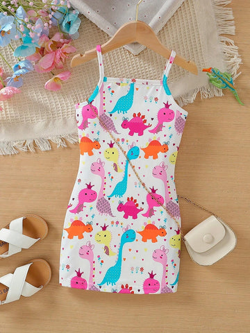 Girls Cute Cartoon Dinosaur Pattern Suspender Casual Dress