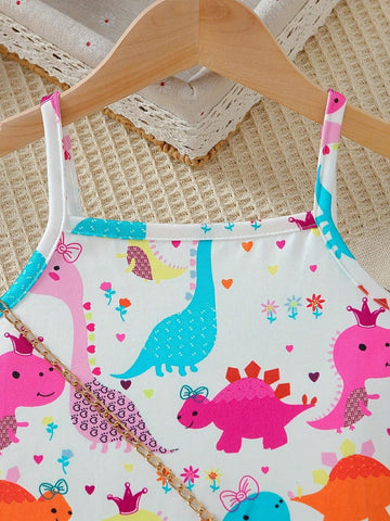 Girls Cute Cartoon Dinosaur Pattern Suspender Casual Dress