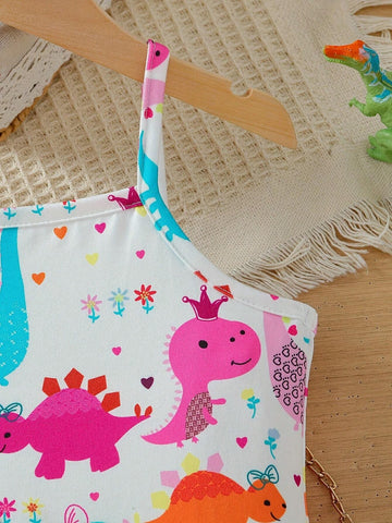 Girls Cute Cartoon Dinosaur Pattern Suspender Casual Dress