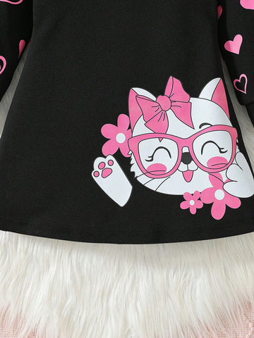 Girls Cute Cartoon Pink Cat Heart Print Long Sleeve Hooded Casual Dress, Suitable For Outdoor Casual Wear, Spring & Autumn