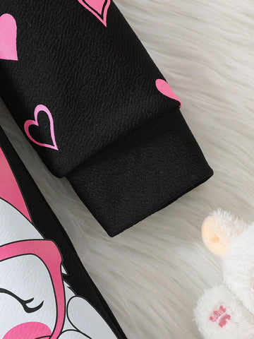Girls Cute Cartoon Pink Cat Heart Print Long Sleeve Hooded Casual Dress, Suitable For Outdoor Casual Wear, Spring & Autumn