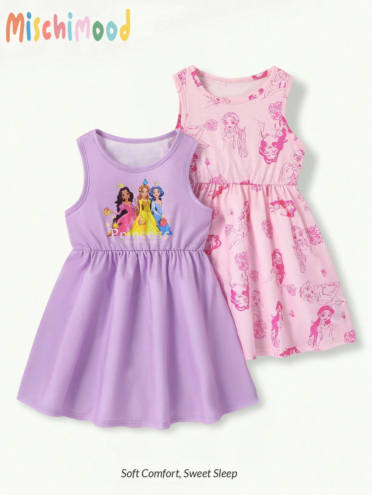 Girls Cute Cartoon Princess Print 2-Piece Sleeveless Dress Set, Pink & Purple