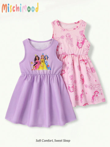 Girls Cute Cartoon Princess Print 2-Piece Sleeveless Dress Set, Pink & Purple