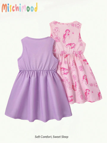 Girls Cute Cartoon Princess Print 2-Piece Sleeveless Dress Set, Pink & Purple