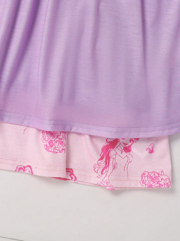 Girls Cute Cartoon Princess Print 2-Piece Sleeveless Dress Set, Pink & Purple