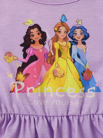 Girls Cute Cartoon Princess Print 2-Piece Sleeveless Dress Set, Pink & Purple