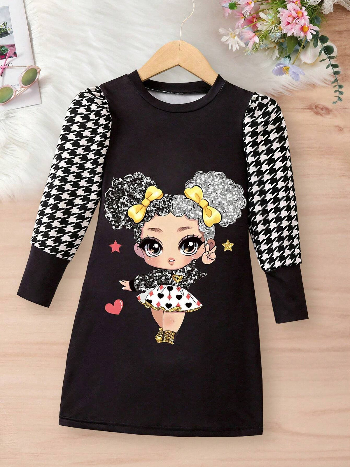 Girls' Cute Cartoon Print Round Neck Long Sleeve Casual Dress, New Spring/Autumn Fashion Patchwork Design For Toddlers & Little Girls