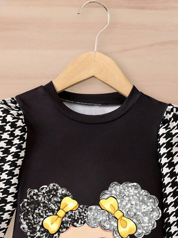 Girls' Cute Cartoon Print Round Neck Long Sleeve Casual Dress, New Spring/Autumn Fashion Patchwork Design For Toddlers & Little Girls