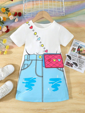 Girls' Cute Cartoon Printed Backpack & Round Neck T-Shirt Casual Dress