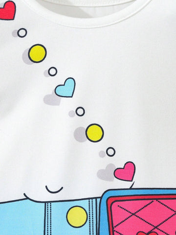 Girls' Cute Cartoon Printed Backpack & Round Neck T-Shirt Casual Dress