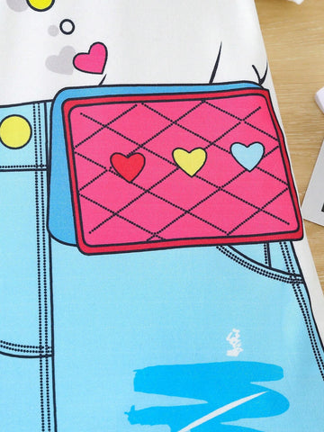 Girls' Cute Cartoon Printed Backpack & Round Neck T-Shirt Casual Dress