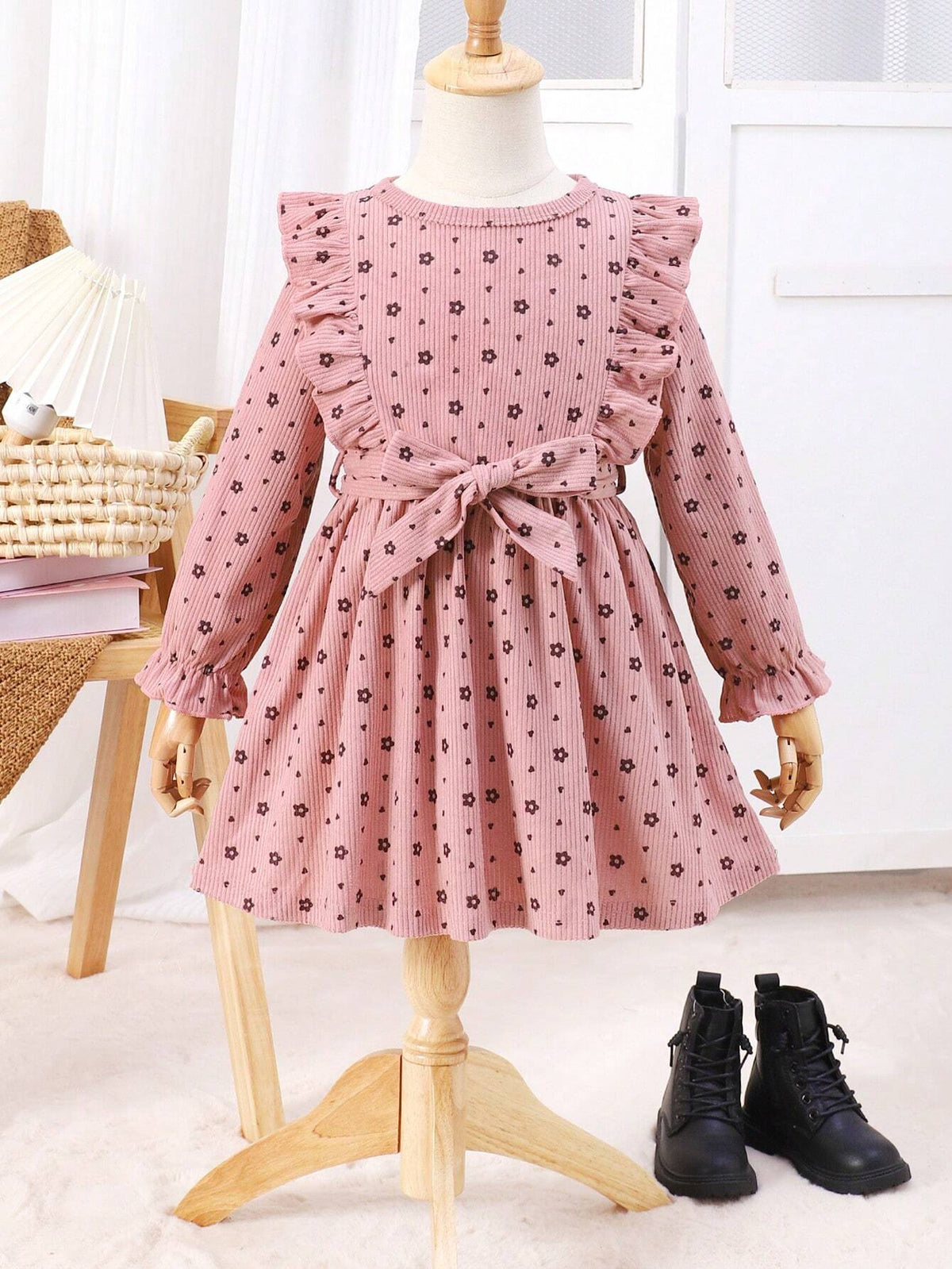 Girls' Cute Casual Floral Embroidered Ruffle Trim Princess Sleeve Round Neck Dress