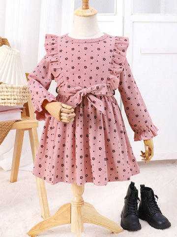 Girls' Cute Casual Floral Embroidered Ruffle Trim Princess Sleeve Round Neck Dress