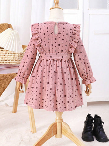 Girls' Cute Casual Floral Embroidered Ruffle Trim Princess Sleeve Round Neck Dress