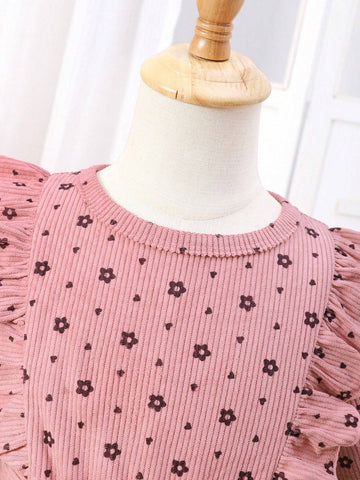 Girls' Cute Casual Floral Embroidered Ruffle Trim Princess Sleeve Round Neck Dress