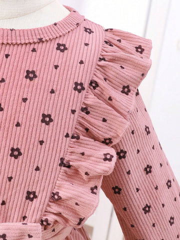 Girls' Cute Casual Floral Embroidered Ruffle Trim Princess Sleeve Round Neck Dress