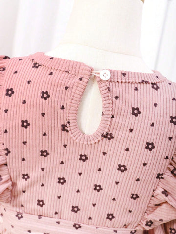 Girls' Cute Casual Floral Embroidered Ruffle Trim Princess Sleeve Round Neck Dress