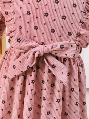 Girls' Cute Casual Floral Embroidered Ruffle Trim Princess Sleeve Round Neck Dress