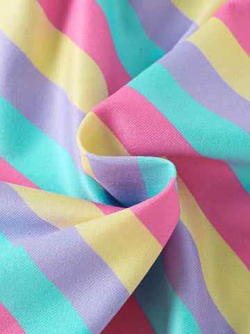 Girls' Cute Casual Rainbow Stripe & Unicorn Printed Short Sleeve Dress With Round Neckline, Summer