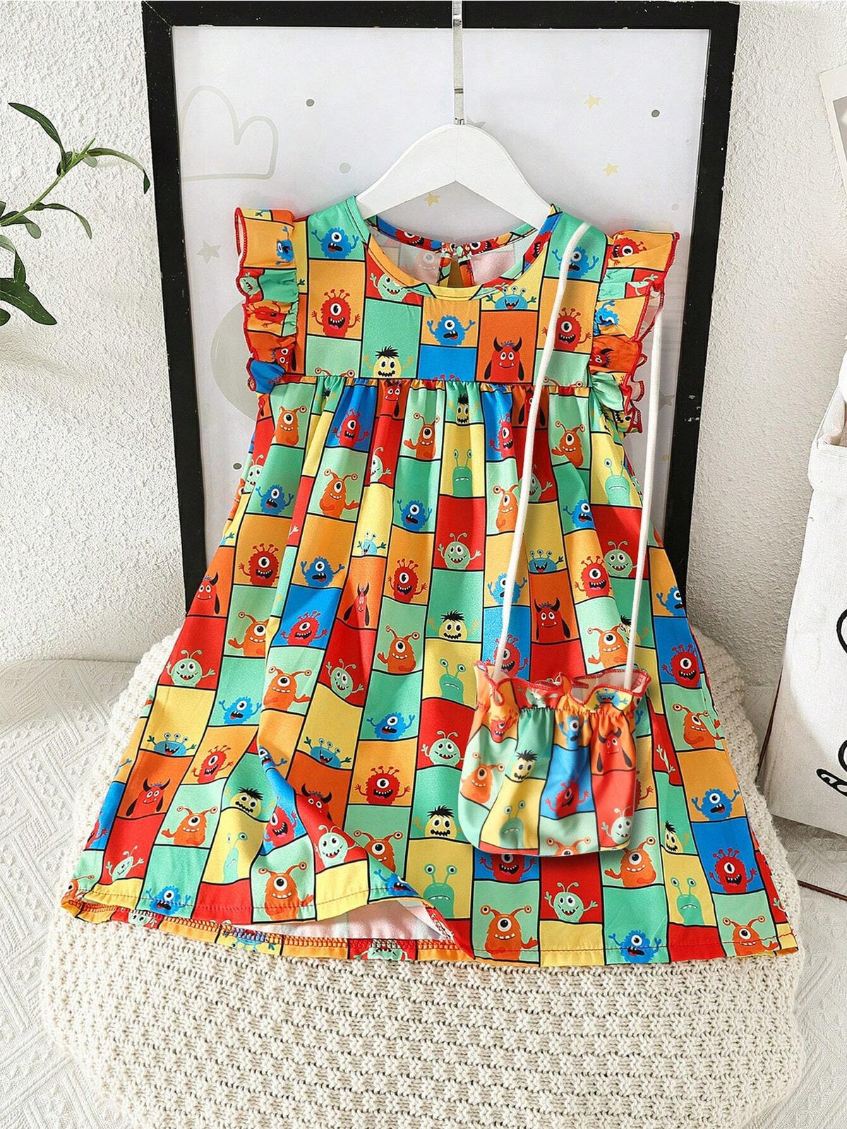 Girls' Cute Casual Round Neck A-Line Dress With Flared Sleeves And Cartoon Print, With Crossbody Bag, Summer
