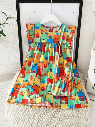 Girls' Cute Casual Round Neck A-Line Dress With Flared Sleeves And Cartoon Print, With Crossbody Bag, Summer