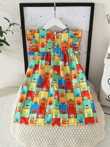 Girls' Cute Casual Round Neck A-Line Dress With Flared Sleeves And Cartoon Print, With Crossbody Bag, Summer