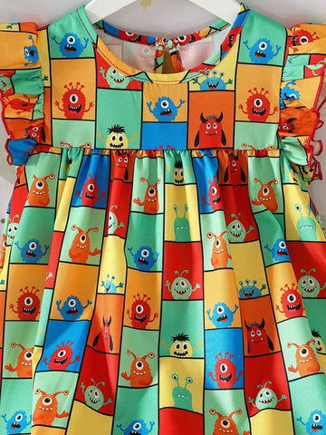 Girls' Cute Casual Round Neck A-Line Dress With Flared Sleeves And Cartoon Print, With Crossbody Bag, Summer
