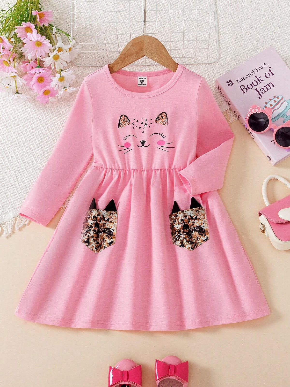 Girls Cute Cat Ear Pocket Decor Dress, Spring And Autumn