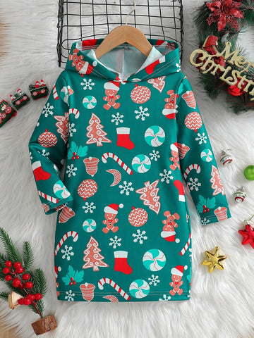 Girls Cute Christmas Print Hooded Long Sleeve Dress, Holiday Gift
