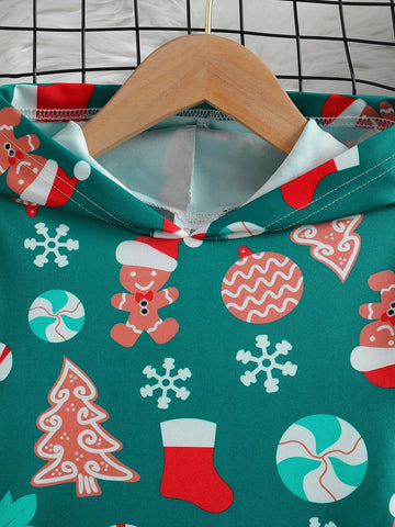 Girls Cute Christmas Print Hooded Long Sleeve Dress, Holiday Gift