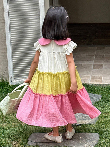 Girls' Cute Color Block Patchwork Princess Dress, Ideal For Summer Outing