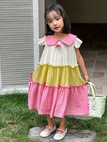 Girls' Cute Color Block Patchwork Princess Dress, Ideal For Summer Outing