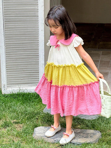 Girls' Cute Color Block Patchwork Princess Dress, Ideal For Summer Outing
