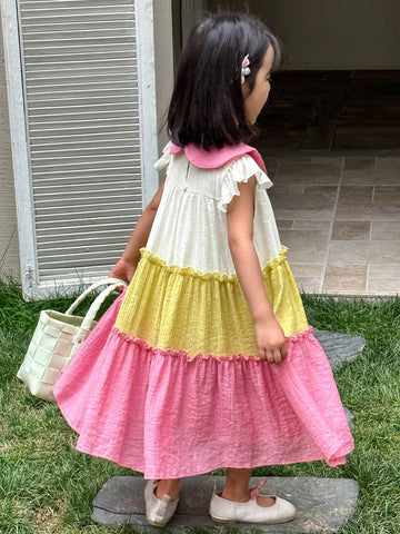 Girls' Cute Color Block Patchwork Princess Dress, Ideal For Summer Outing
