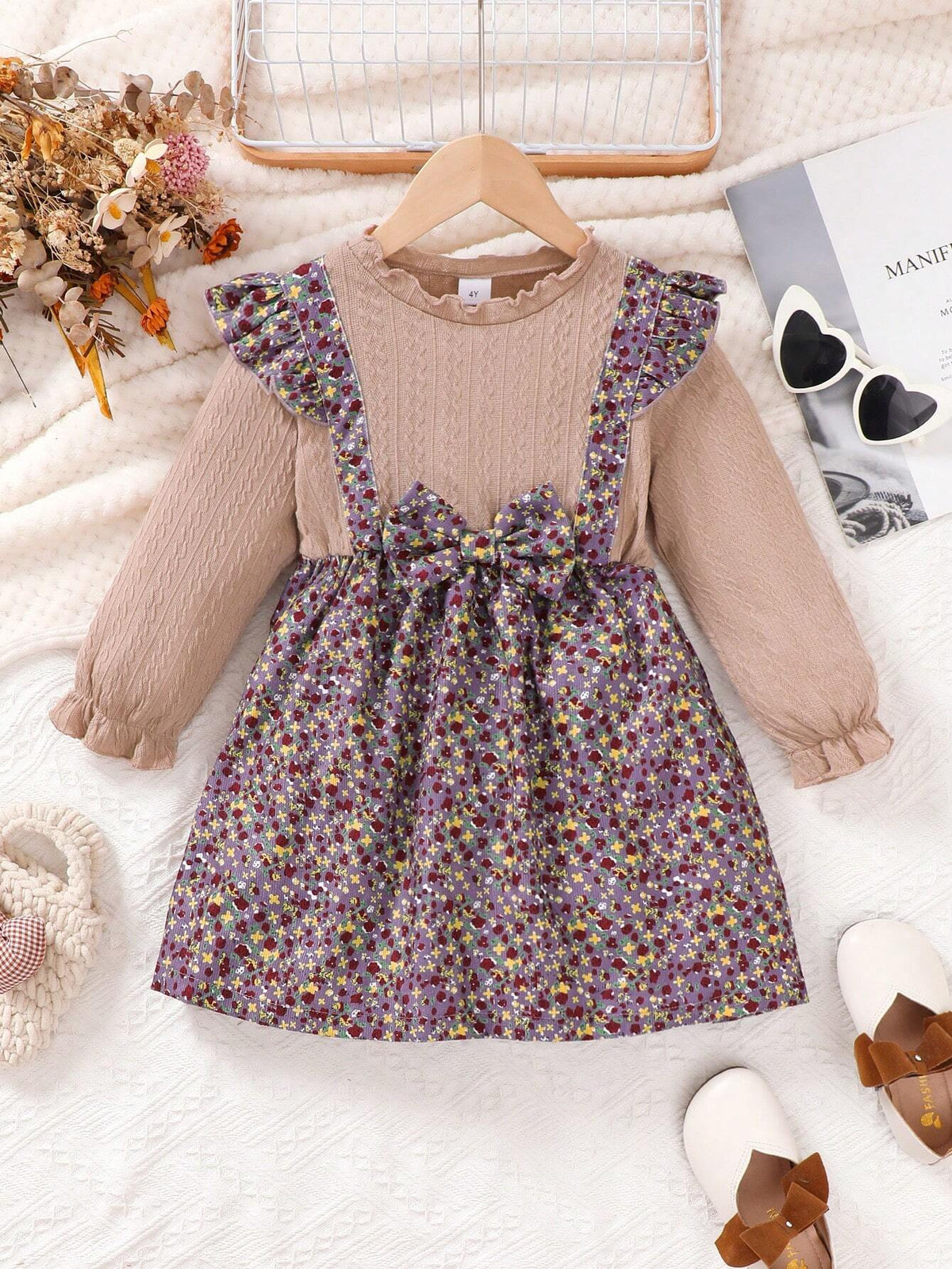 Girls Cute Ditsy Floral Long Sleeve Dress, 2 In 1 Ruffle Puff Sleeve Belted Midi Dress, Adorable & Casual, Mid-Length Dress