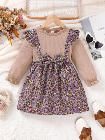 Girls Cute Ditsy Floral Long Sleeve Dress, 2 In 1 Ruffle Puff Sleeve Belted Midi Dress, Adorable & Casual, Mid-Length Dress