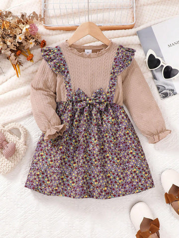 Girls Cute Ditsy Floral Long Sleeve Dress, 2 In 1 Ruffle Puff Sleeve Belted Midi Dress, Adorable & Casual, Mid-Length Dress