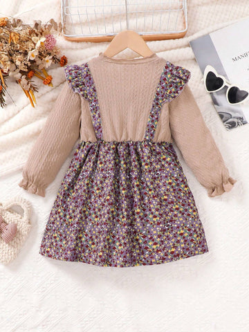 Girls Cute Ditsy Floral Long Sleeve Dress, 2 In 1 Ruffle Puff Sleeve Belted Midi Dress, Adorable & Casual, Mid-Length Dress