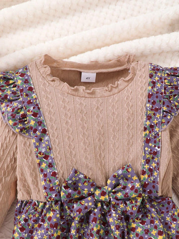 Girls Cute Ditsy Floral Long Sleeve Dress, 2 In 1 Ruffle Puff Sleeve Belted Midi Dress, Adorable & Casual, Mid-Length Dress