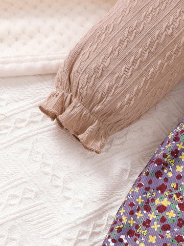 Girls Cute Ditsy Floral Long Sleeve Dress, 2 In 1 Ruffle Puff Sleeve Belted Midi Dress, Adorable & Casual, Mid-Length Dress