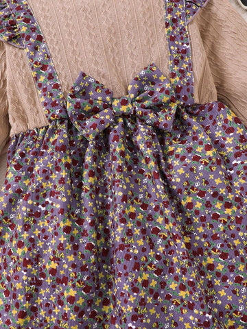 Girls Cute Ditsy Floral Long Sleeve Dress, 2 In 1 Ruffle Puff Sleeve Belted Midi Dress, Adorable & Casual, Mid-Length Dress