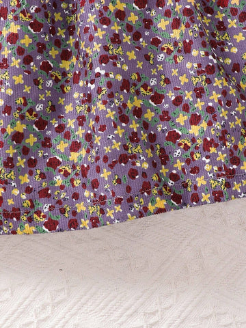 Girls Cute Ditsy Floral Long Sleeve Dress, 2 In 1 Ruffle Puff Sleeve Belted Midi Dress, Adorable & Casual, Mid-Length Dress