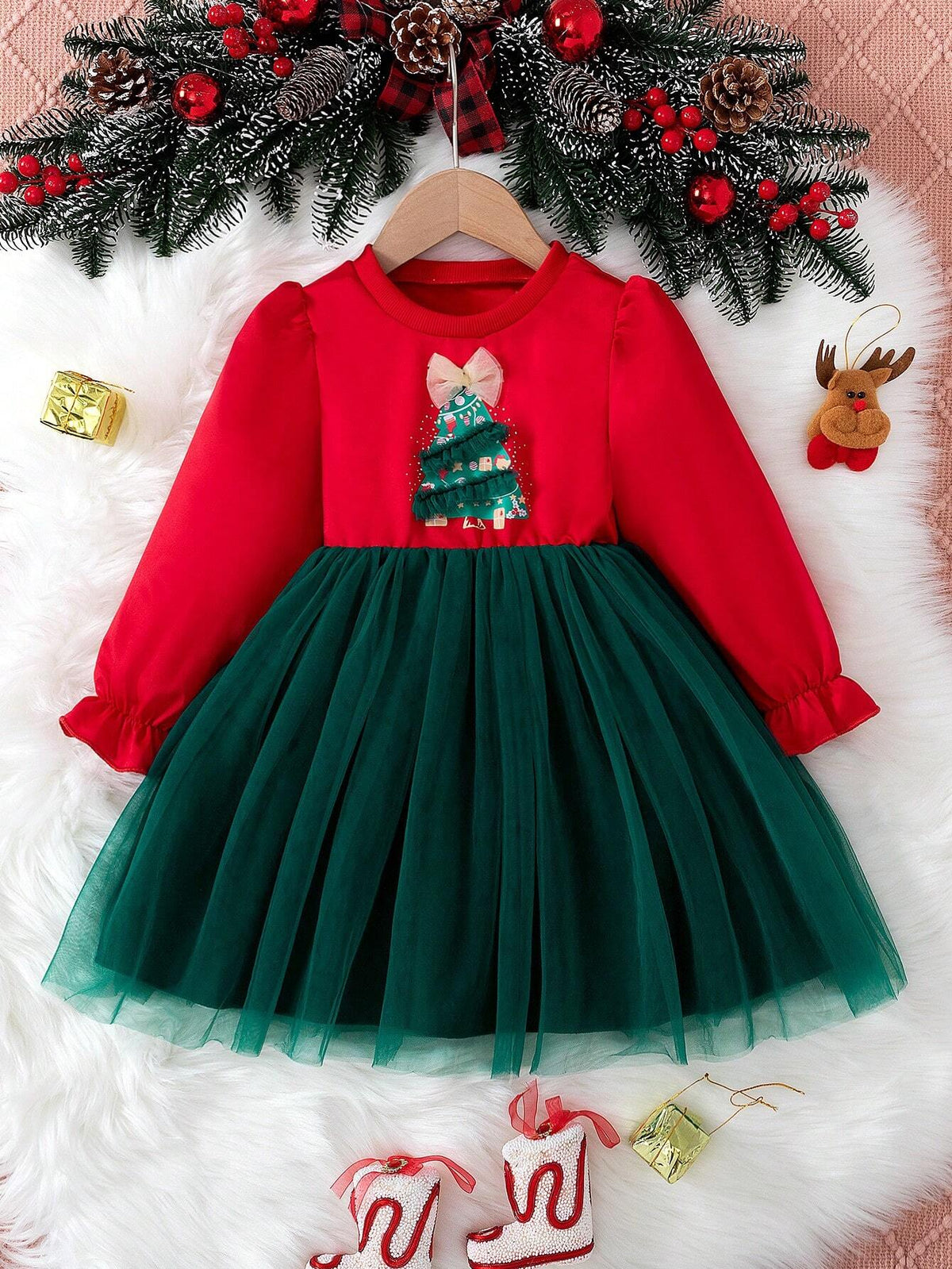Girls Cute Elegant 3D Mesh Christmas Tree Print Flounce Trim Long Sleeve Dress, Suitable For Daily Entertainment, Holiday Party, Christmas Gift
