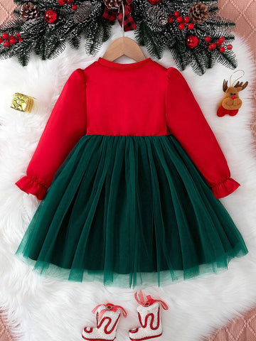 Girls Cute Elegant 3D Mesh Christmas Tree Print Flounce Trim Long Sleeve Dress, Suitable For Daily Entertainment, Holiday Party, Christmas Gift