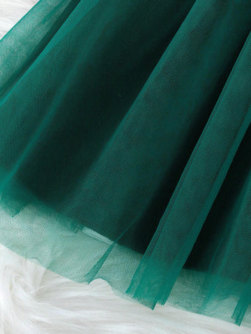 Girls Cute Elegant 3D Mesh Christmas Tree Print Flounce Trim Long Sleeve Dress, Suitable For Daily Entertainment, Holiday Party, Christmas Gift