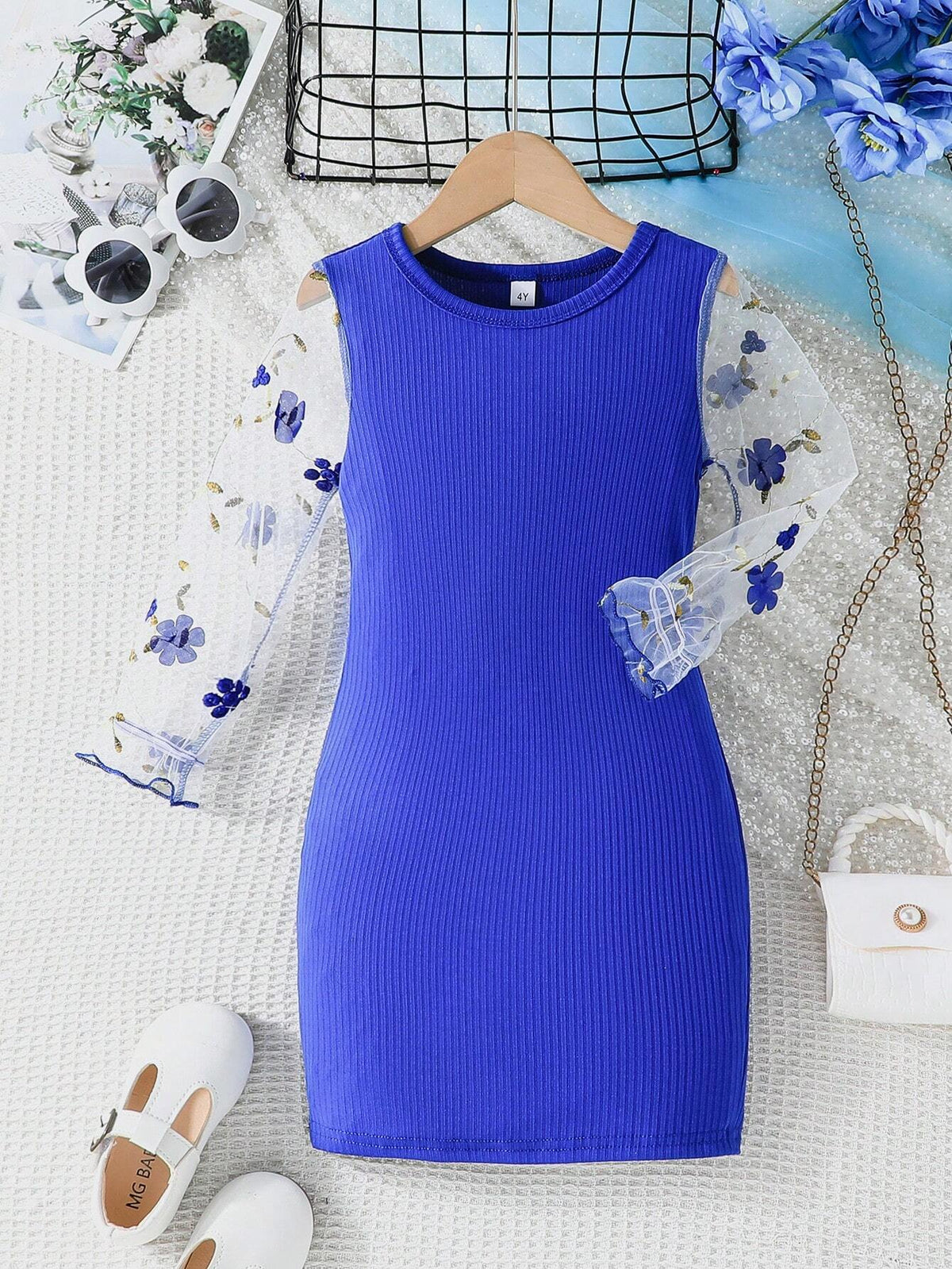 Girls Cute Fashion Casual Floral Embroidered Sheer Long Sleeve Round Neck Dress, SpringAutumn
